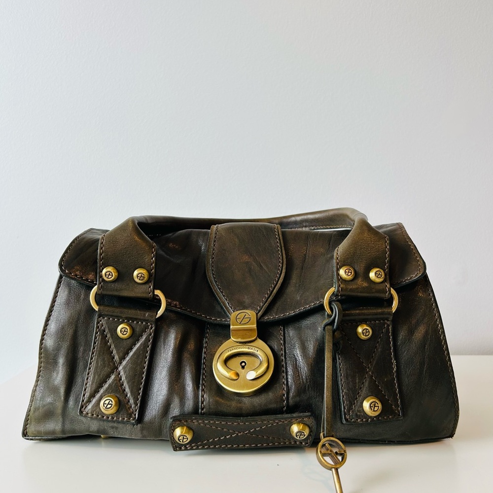 Francesco Biasia Olive Brown Leather Satchel with Gold Hardware